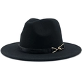 Detail of black fedora hat with elegant leather band and gold geometric buckle accent - Black