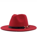 Classic red wool fedora hat with wide brim and black leather band featuring gold buckle - Red