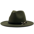 Detail of olive green wool fedora hat featuring a black leather band and gold buckle - Green