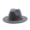 Cappello fedora in lana grigio scuro a tesa larga con cinturino in pelle marrone e fibbia - M (55-58cm) / grigio scuro