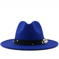 Royal blue wool fedora hat for women with pearl-beaded black ribbon trim on white background - Blue