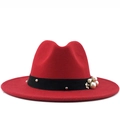 Red wool felt jazz fedora hat with black ribbon, white pearls and metal floral accent - Red