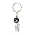 Metal dog keychain with husky charm, white bone, and black paw print round tag - Czechoslovakian Wolfdog