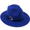 Royal blue wool fedora hat with black leather band and metal ring buckle on white base - M (56-58cm) / Blue