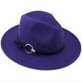 Classic dark purple wool fedora hat with wide flat brim and gold ring leather band - Purple