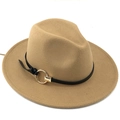 Khaki wide-brim fedora hat with black leather band and gold metal buckle - Camel