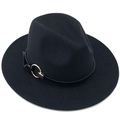 Classic black wide brim fedora hat with minimalist black leather band and gold metal ring - Black