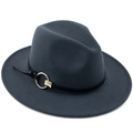 Dark gray fedora wool hat with black leather band and golden metal buckle decoration - Dark Gray