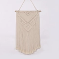 Beige handmade macrame wall hanging tapestry with cotton ropes and tassel fringe - Medium Wooden Stick Open-Work Decor