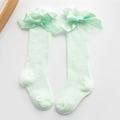 Mint green baby mesh socks with breathable net knit and large satin bow decoration - Green
