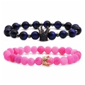 Bracciali di coppia corona in occhio di tigre e pietra screpolata con zirconi pavé - Set C Corona Occhio di Tigre (Occhio di Tigre Blu Scuro + Pietra Crepata Rosa)