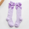 Light purple children's knee-high socks with hollow knit texture and large satin bow - Purple