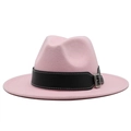 Detail of pink wool fedora hat featuring black faux leather band and silver metal buckle - Pink