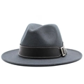 Detail of dark grey wool fedora hat with flat brim and black faux leather buckle band - Dark Gray