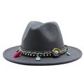 Detail of wool fedora with bohemian woven band, turquoise stone, and peace charm - Dark Gray