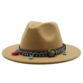 Detail of wool fedora hat with bohemian colorful beads, red tassel, and turquoise stone - Camel