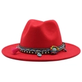 Ethnic style red wool felt fedora hat with colorful woven band and bohemian charms - M (56-58cm) / Red