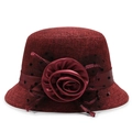 Elegante cappello a cloche in lino bordeaux con grande fiore e dettaglio in rete - Regolabile / Borgogna