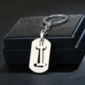 Macro shot of silver stainless steel letter I keychain with brushed metal texture detail - Letter I