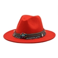Red wool fedora hat with ethnic style beaded band and tassel trim for women - M (56-58cm) / Orange Red