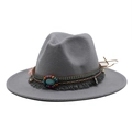 Detail of grey wool fedora featuring ethnic style beadwork and turquoise stone inlay - M (56-58cm) / Light Gray