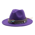 Ethnic wide-brim purple fedora wool hat with braided band and turquoise stone decor - M (56-58cm) / Purple