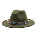 Olive green wide brim fedora hat with ethnic beaded band and fringe tassel charm - M (56-58cm) / Army Green