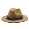 Detail of camel wool fedora hat featuring bohemian colorful beads and turquoise accents - M (56-58cm) / Camel