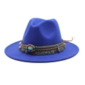 Close-up of royal blue wool fedora featuring bohemian woven band with beads and turquoise - M (56-58cm) / Sapphire Blue