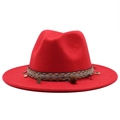 Detail of red wool fedora hat featuring ethnic geometric band with tassels and shells - M (56-58cm) / Red