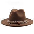 Close-up of brown wool fedora with ethnic woven band, antique coins and wooden beads - M (56-58cm) / Dark Coffee