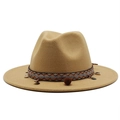 Detail of camel wool fedora hat featuring a bohemian woven band with ethnic tassels - M (56-58cm) / Camel