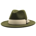 Detail of olive green fedora hat featuring a white leather band and silver metal buckle - Army Green