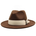 Close-up of brown wool felt fedora featuring a beige leather strap with silver buckle - Dark Coffee