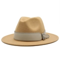 Classic beige wool fedora hat with a leather decorative band and silver metal buckle - Camel