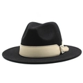 Close-up of black fedora wool hat featuring a beige leather band with metal buckle detail - M (56-58cm) / Black