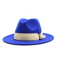 Detail of navy wool fedora hat featuring a beige leather band and silver metal buckle - Sapphire Blue