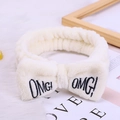 Plush cream white OMG embroidery headband with coral fleece bow for facial washing - Off-white