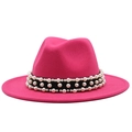 Chapeau fedora en laine rose avec ruban noir et perles élégantes pour femmes - Rose rouge