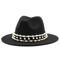 Detailed view of black wool fedora featuring triple rows of glossy white pearls decoration - M (56-58cm) / Black