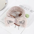 Pink coral fleece headband with OMG embroidery bow for face washing and skincare - Khaki