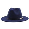 Classic navy wool fedora hat with black leather belt and gold metal buckle detail - M (56-58cm) / Navy Blue