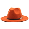 Detail of orange wool fedora featuring a slim black leather band with a gold metal buckle - M (56-58cm) / Caramel