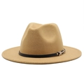 Detail of camel wool fedora hat featuring a black slim band and gold metal buckle accent - M (56-58cm) / Camel