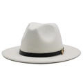 Close-up of white wool fedora hat with black leather band and gold H-letter buckle detail - M (56-58cm) / White