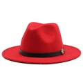 Detail of red fedora hat featuring black faux leather band and gold metal buckle - M (56-58cm) / Red