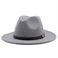 Detail of grey wool fedora hat featuring black leather band and golden M metal accessory - M (56-58cm) / Light Gray