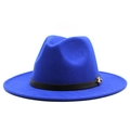 Detail of royal blue wool fedora hat featuring a black leather band and gold metal buckle - M (56-58cm) / Sapphire Blue