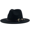 Detail of wool fedora hat featuring a brown leather band and ornate gold buckle - Black