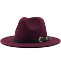 Detail of burgundy wool fedora featuring black leather band and gold metal buckle - Burgundy